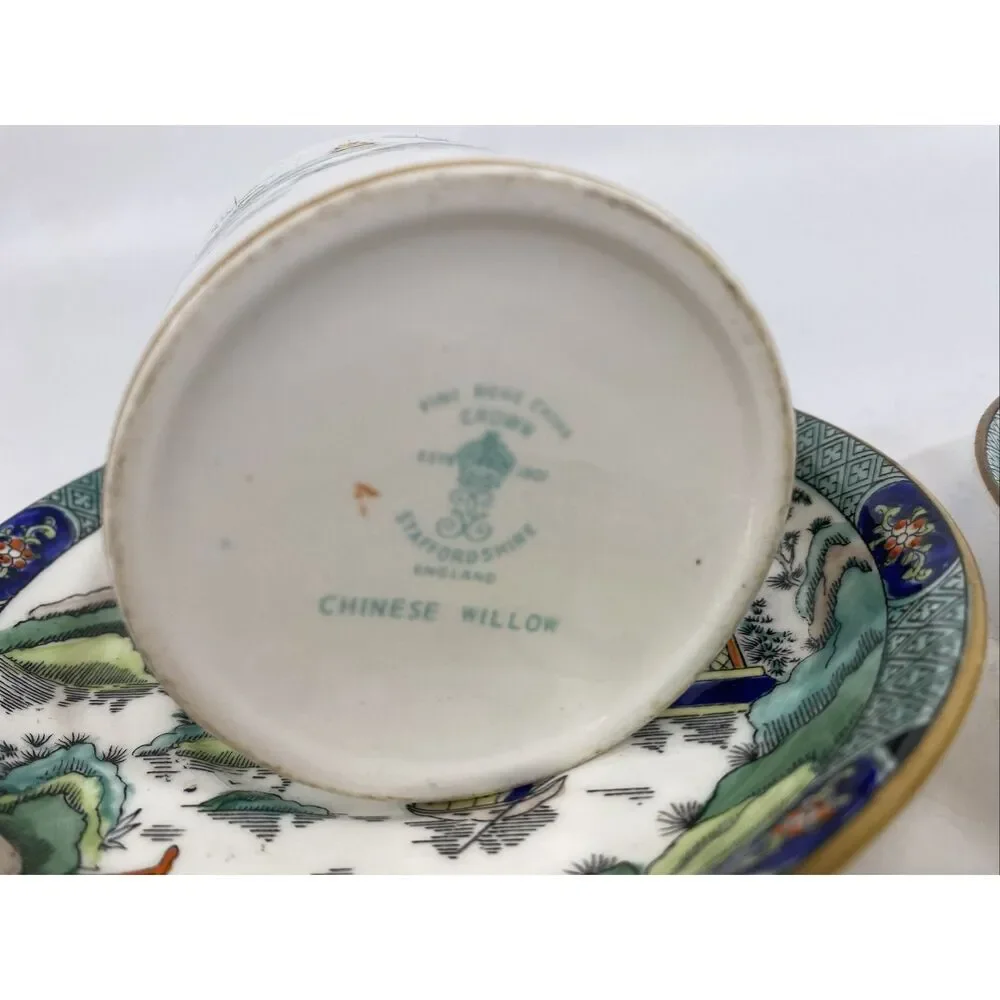 Staffordshire fine bone China Chinese Willow (2) Saucer plates (1) Demitasse Cup